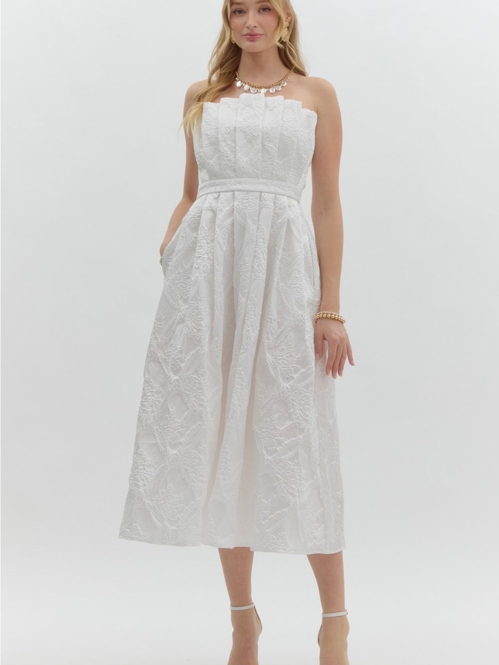Strapless White Lace Midi Dress - Picture 2 of 7